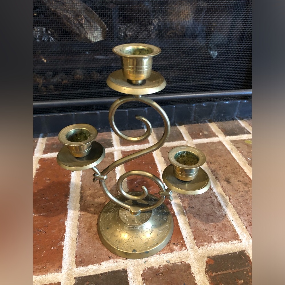 unique vintage etched brass candelabra  8.5x6”